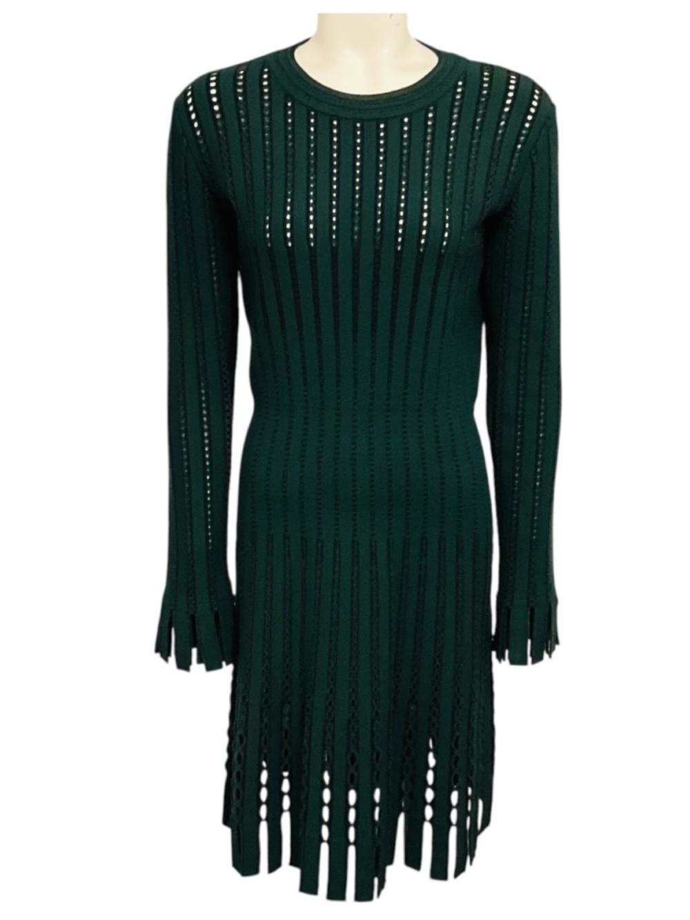 ALAIA GREEN CUT OUT DETAIL LONG SLEEVED WOOL KNIT MIDI DRESS